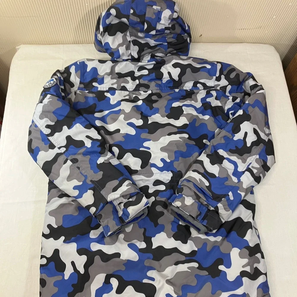Lands End Boys Blue Camo Down Parka Jacket Sherpa Lined Hood Size L 14-16